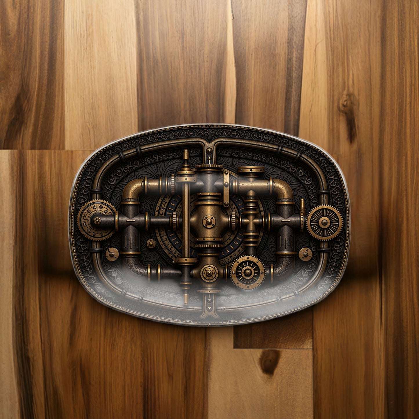 Steampunk Gearwork Oval Platter - Industrial Sci-Fi Serving Tray