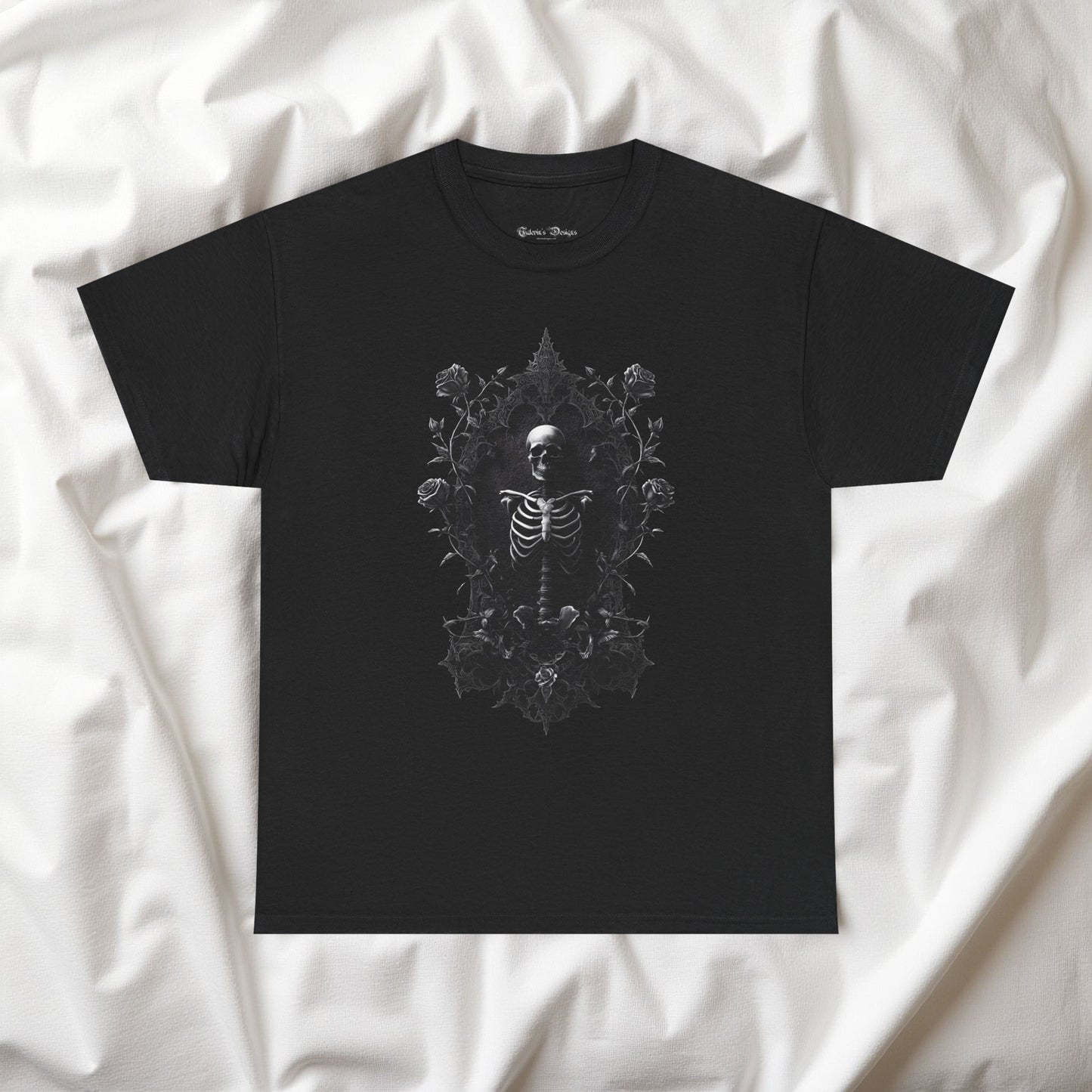 Gothic Skeleton T-Shirt with Ornate Floral Frame - Dark Art Aesthetic Tee