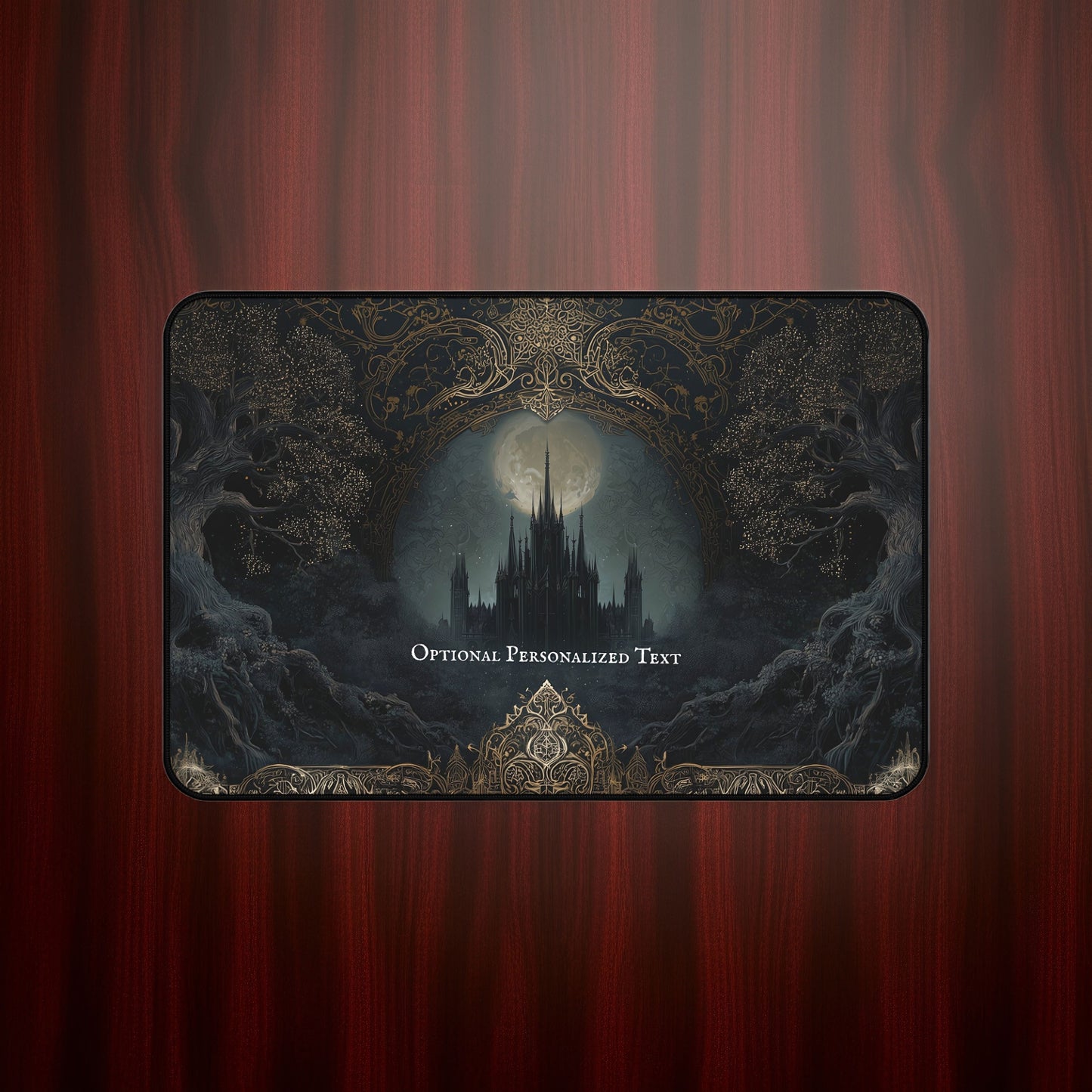 Gothic Castle Moonlight Desk Mat - Personalized Fantasy Desk Pad with Enchanted Forest Design