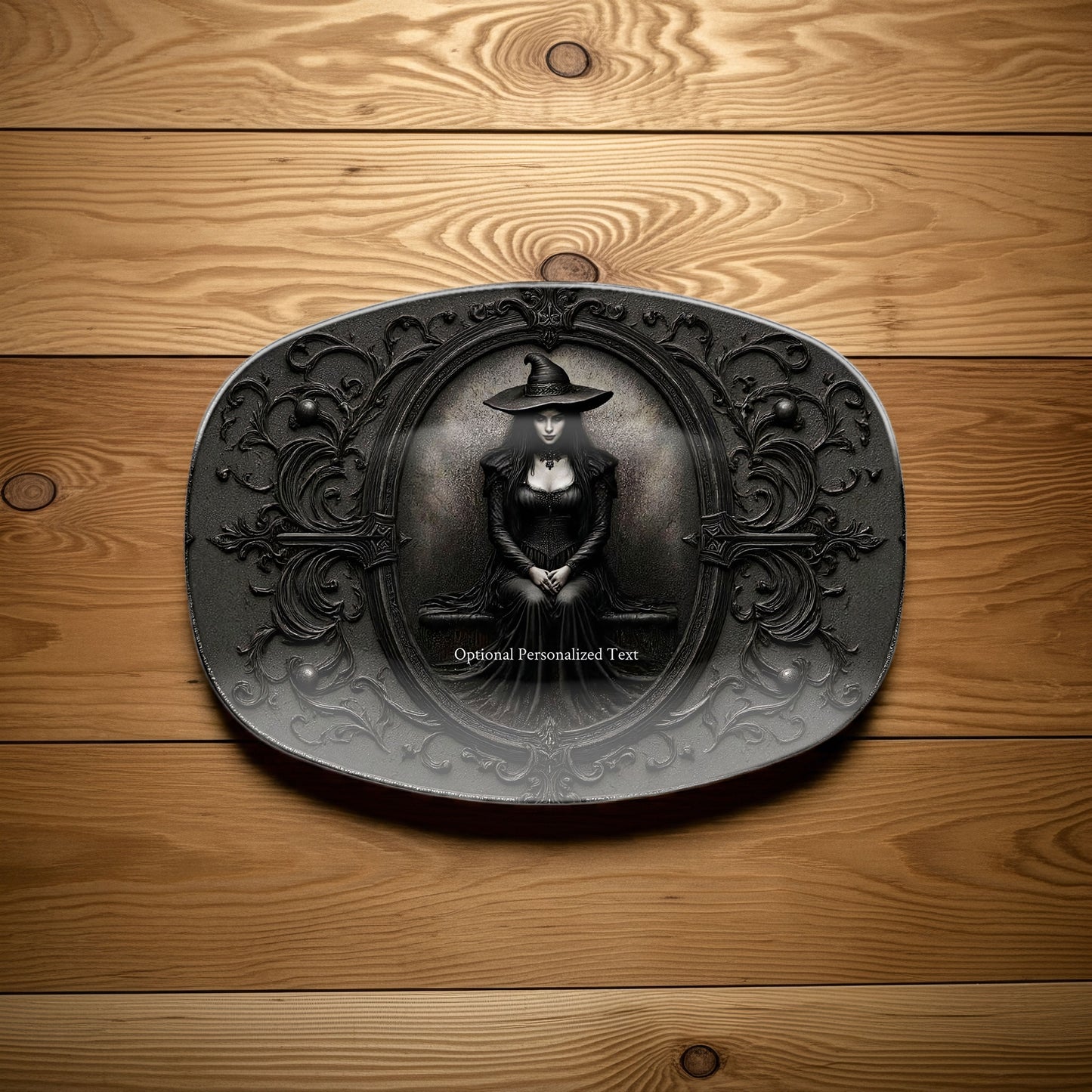 Gothic Witch Portrait Platter - Ornate Dark Art Tray with Optional Personalization