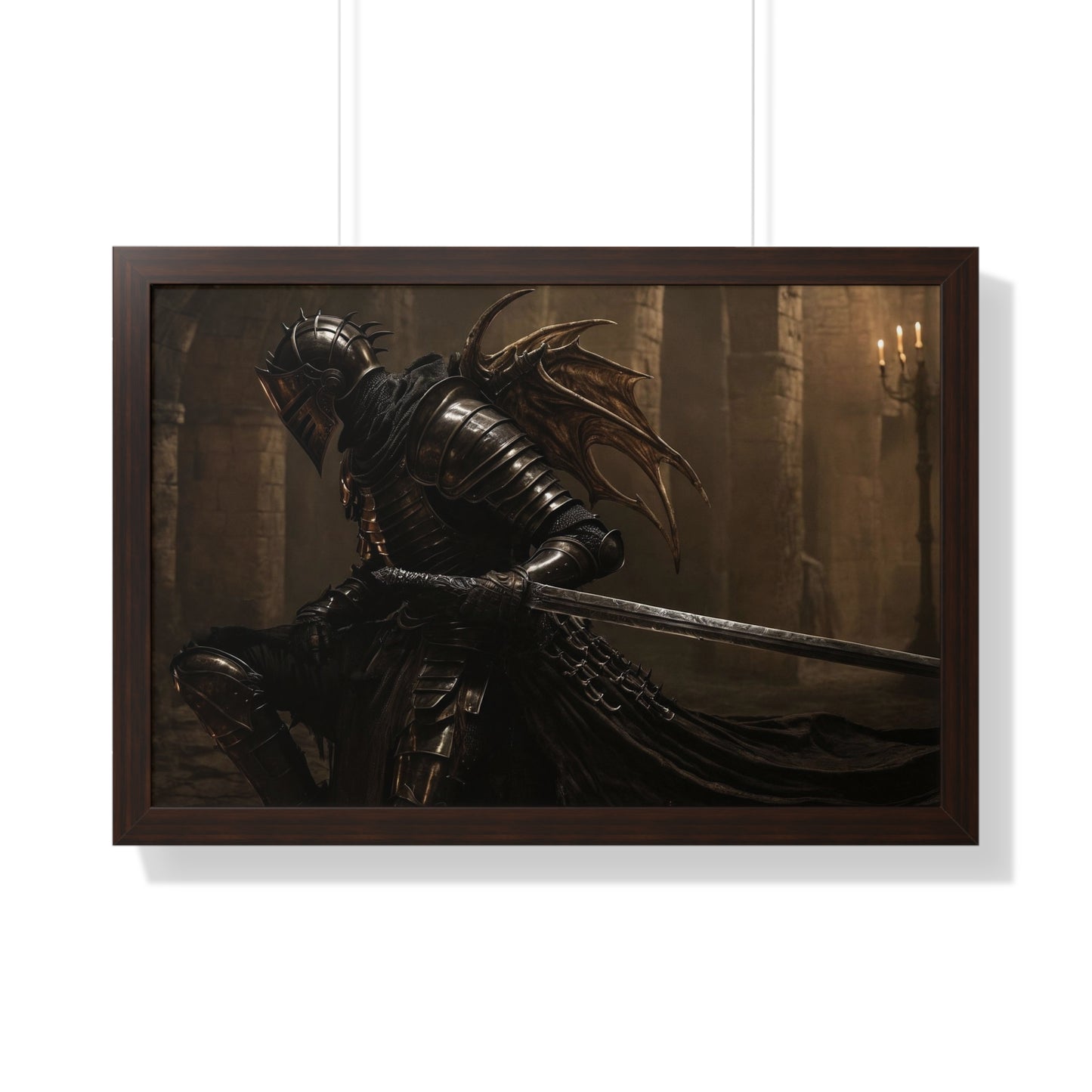 Framed Poster of a Dark Gothic Knight in Candlelit Medieval Castle - Fantasy Wall Art Decor