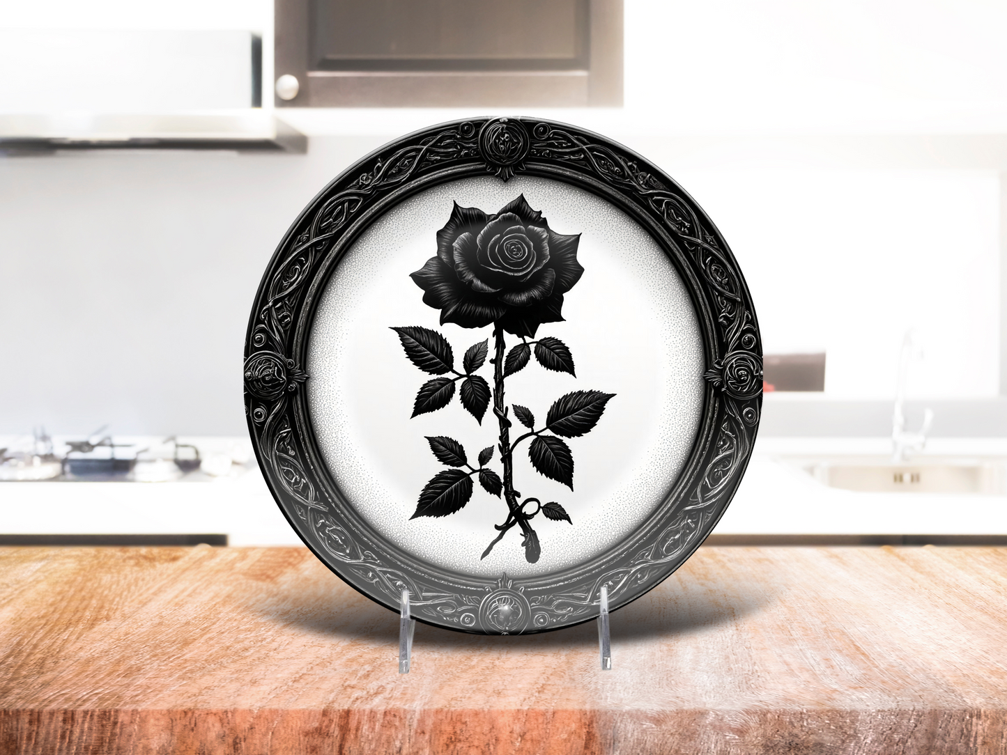 Gothic Black Rose Plate - Dark Floral Dinnerware with Ornate Border