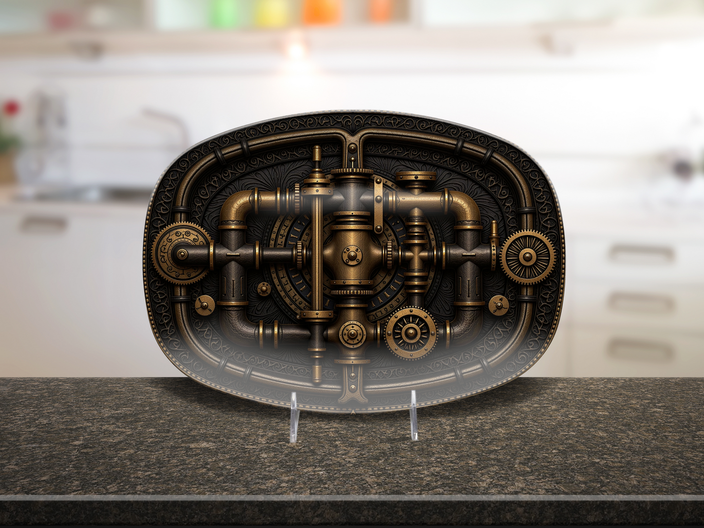 Steampunk Gearwork Oval Platter - Industrial Sci-Fi Serving Tray