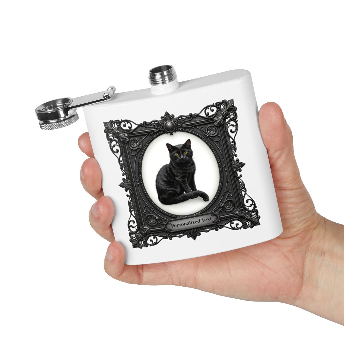 Gothic Black Cat Stainless Steel Flask – Custom Text, 6oz