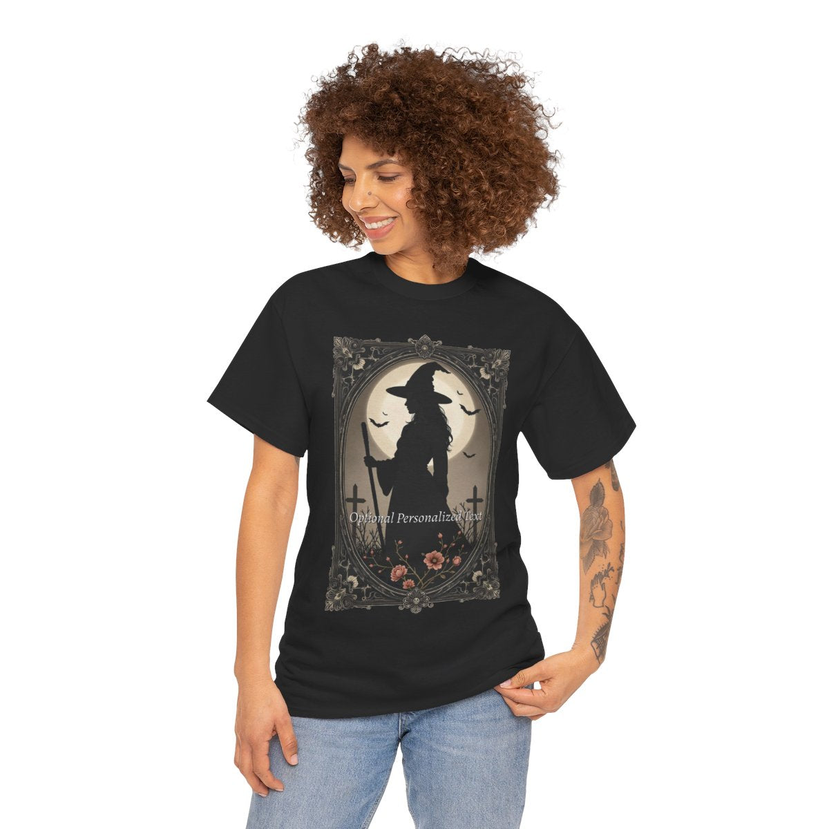 Gothic Witch Silhouette T-Shirt with Optional Personalized Text