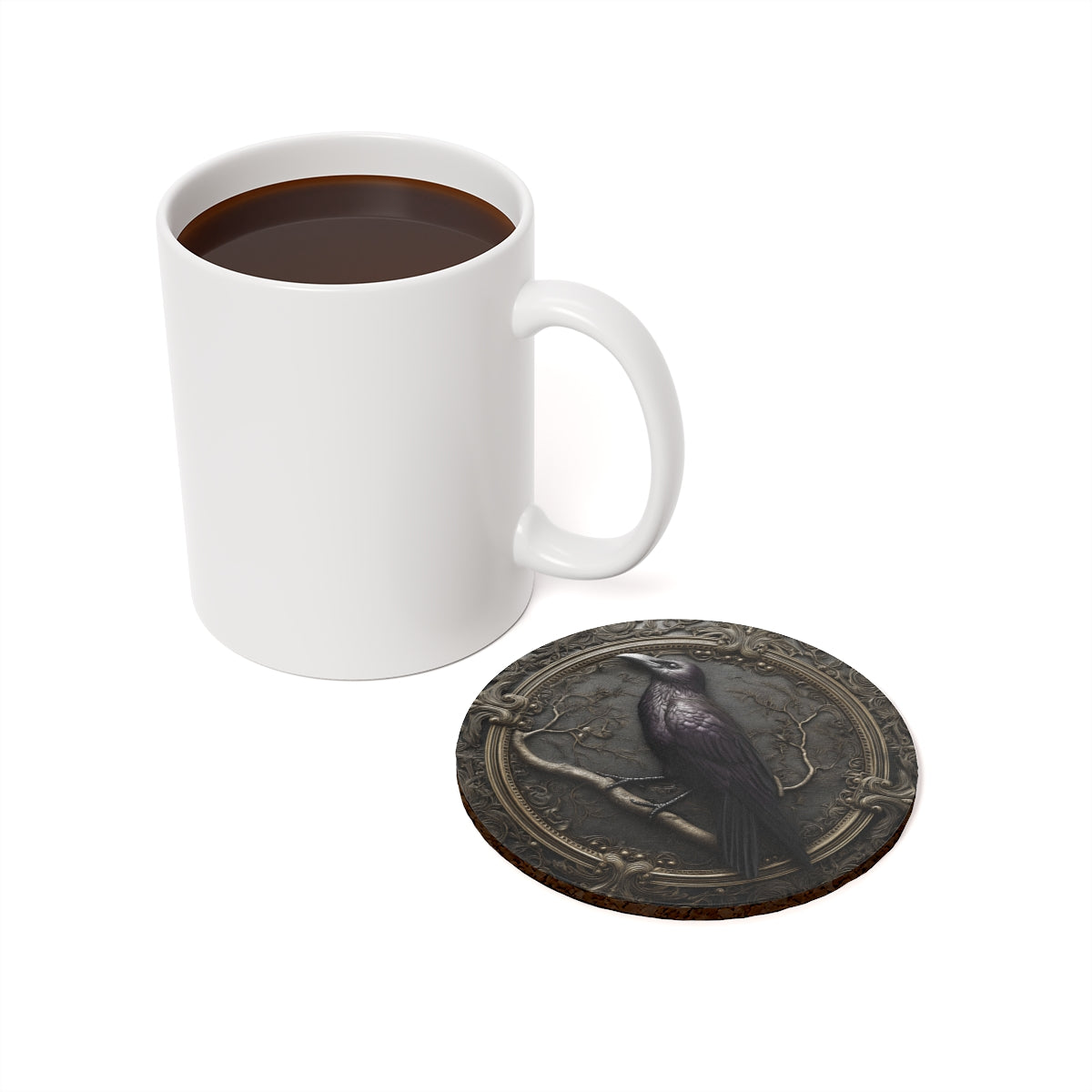 Gothic Raven Coaster - Ornate Dark Art Drink Mat with Cork Backing
