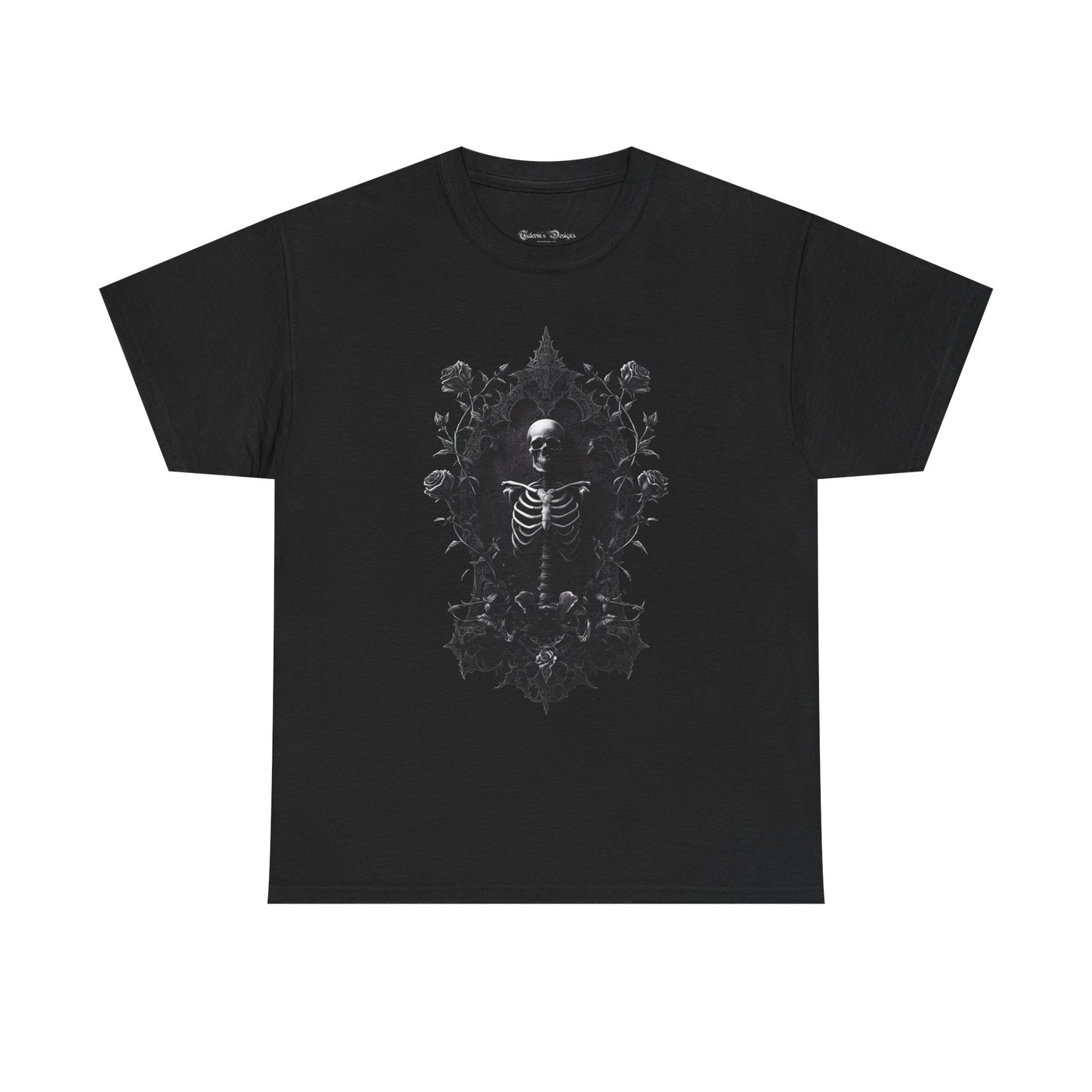 Gothic Skeleton T-Shirt with Ornate Floral Frame - Dark Art Aesthetic Tee
