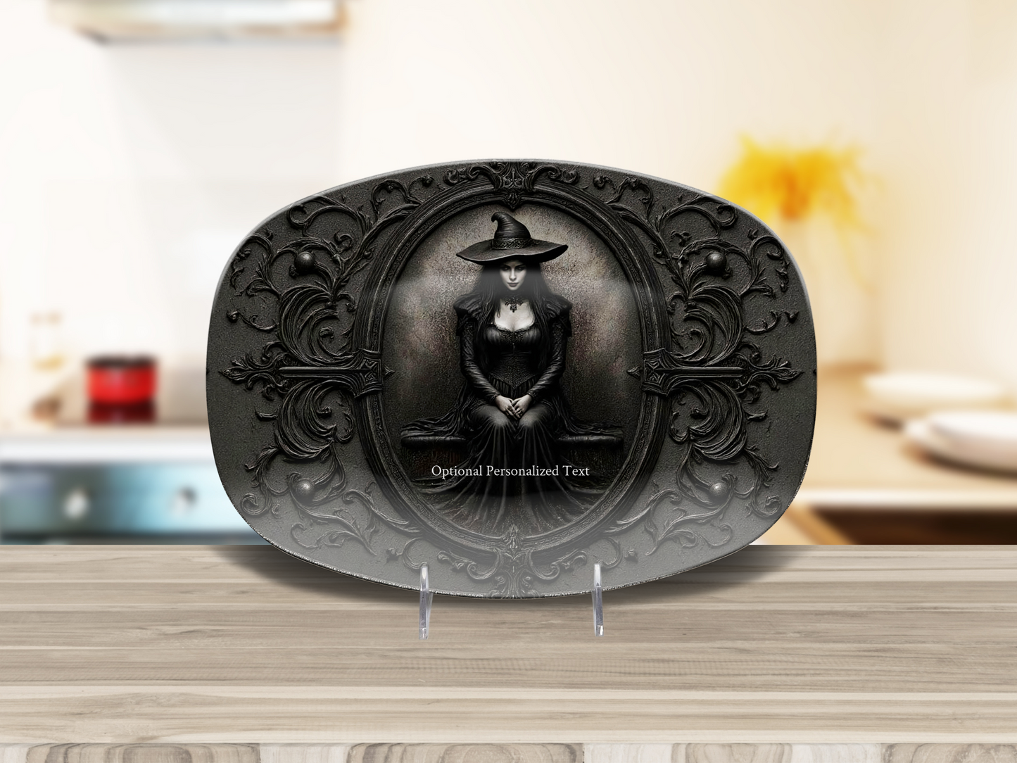 Gothic Witch Portrait Platter - Ornate Dark Art Tray with Optional Personalization