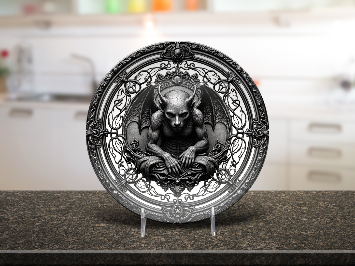 Gothic Gargoyle Decorative Plate - Dark Cathedral Guardian Design