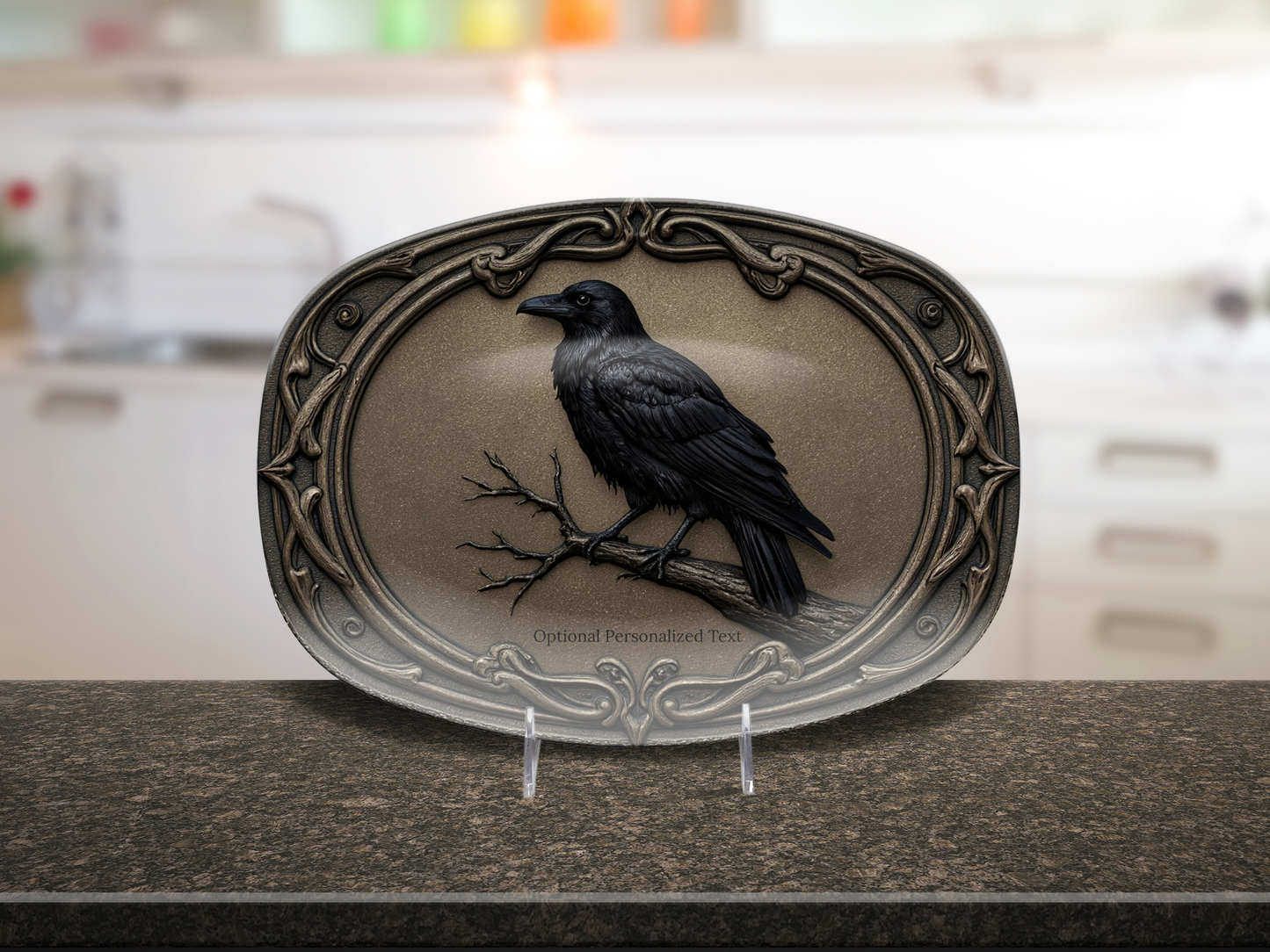 Gothic Raven Oval Platter - Vintage Crow Art Tray with Optional Personalization