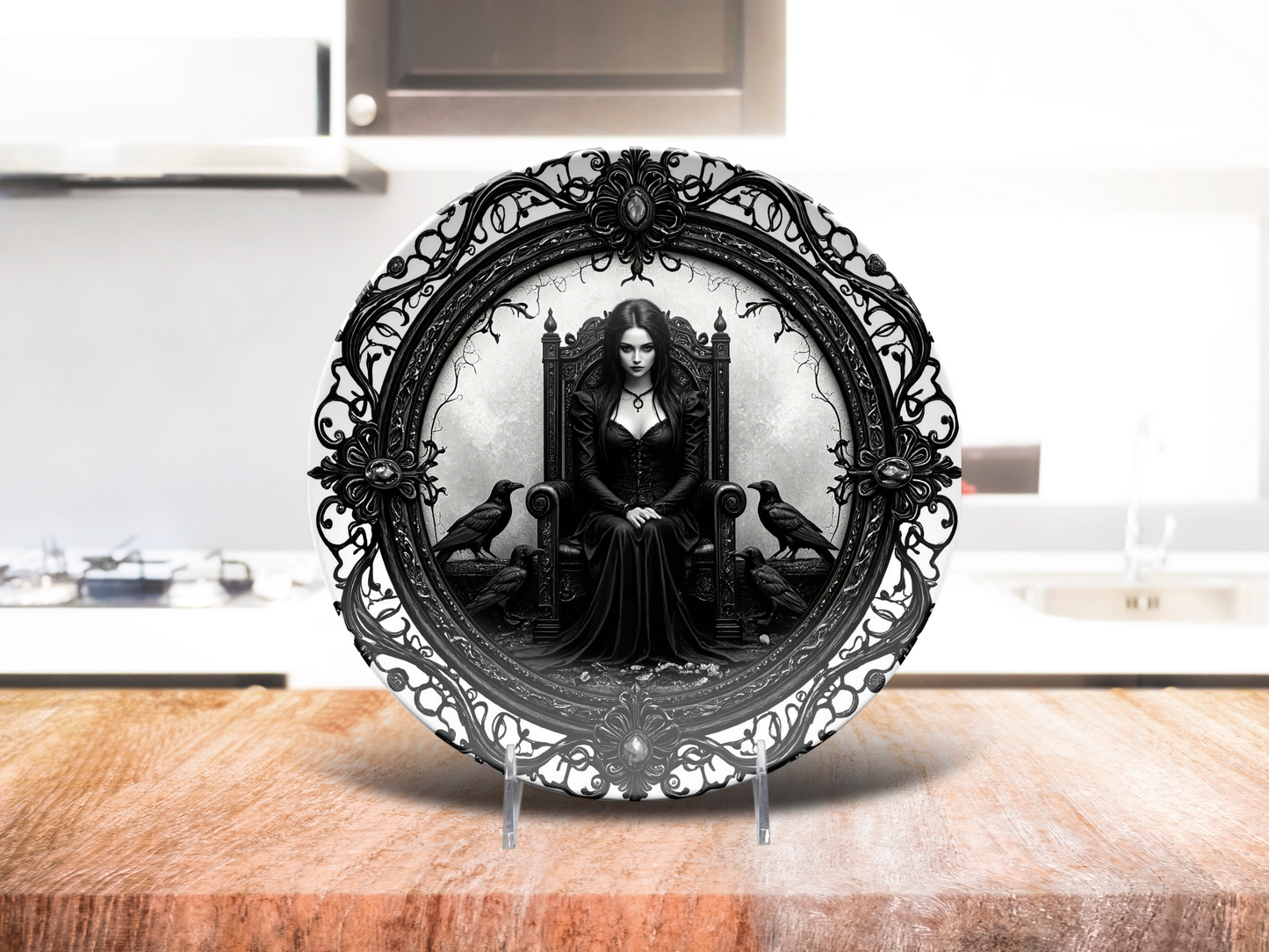 Gothic Raven Queen Plate - Dark Throne Design with Victorian Frame