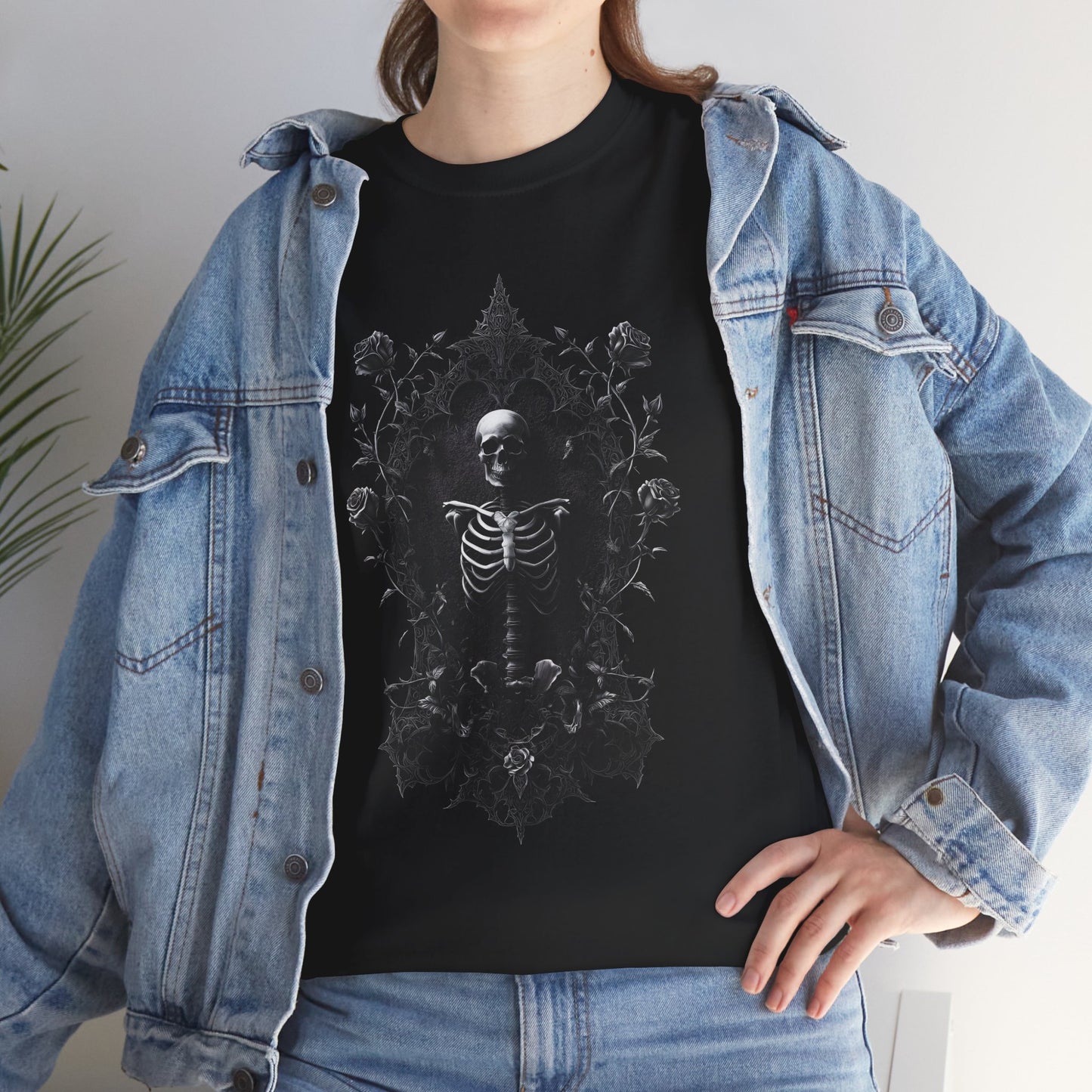 Gothic Skeleton T-Shirt with Ornate Floral Frame - Dark Art Aesthetic Tee