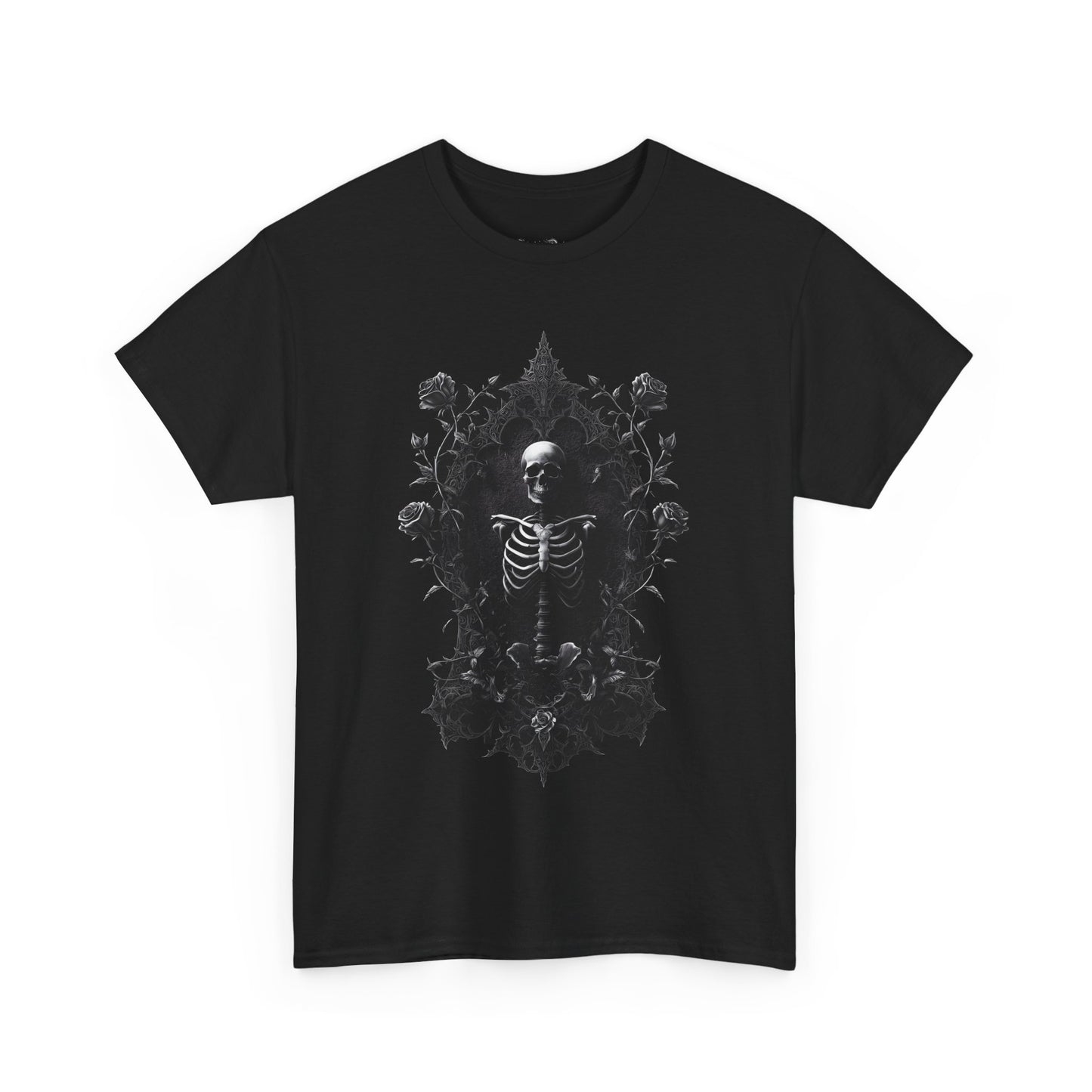 Gothic Skeleton T-Shirt with Ornate Floral Frame - Dark Art Aesthetic Tee