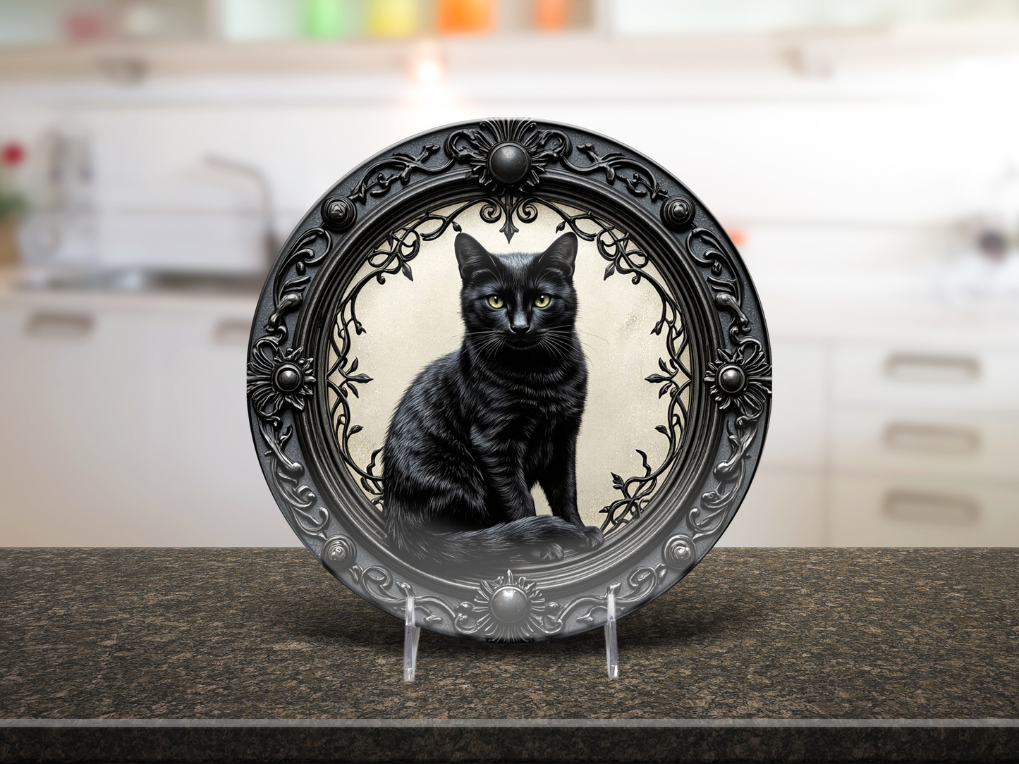 Black Cat Gothic Plate - Mystical Feline Decorative Dish for Witchy Homes