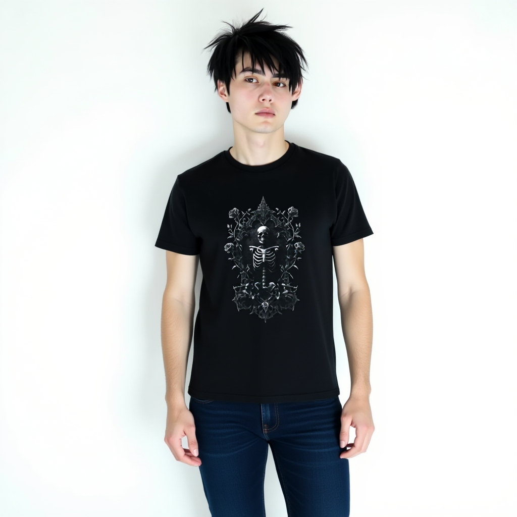 Gothic Skeleton T-Shirt with Ornate Floral Frame - Dark Art Aesthetic Tee