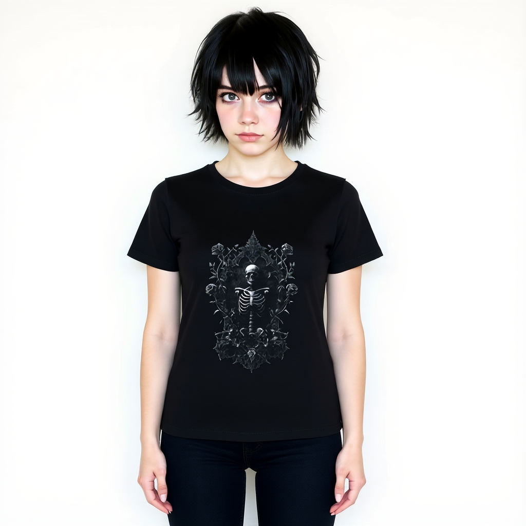 Gothic Skeleton T-Shirt with Ornate Floral Frame - Dark Art Aesthetic Tee