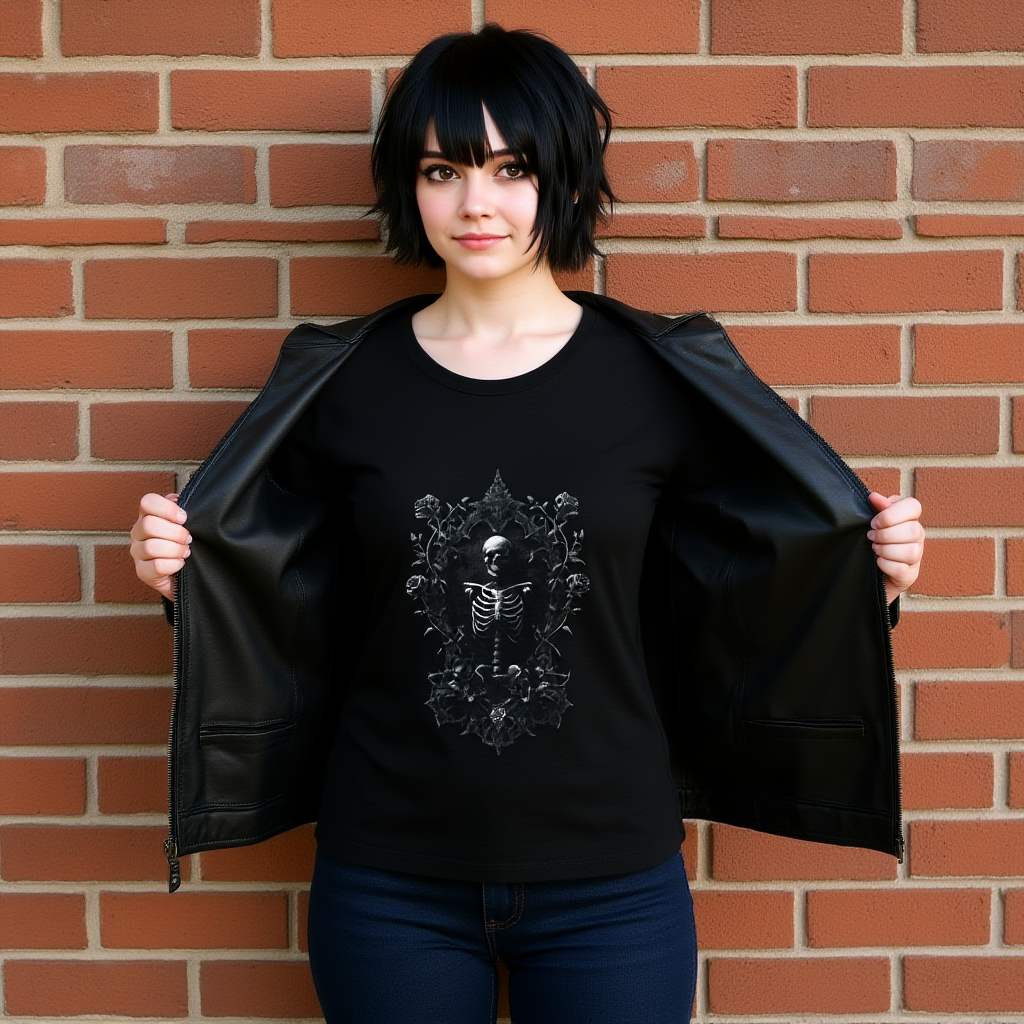 Gothic Skeleton T-Shirt with Ornate Floral Frame - Dark Art Aesthetic Tee