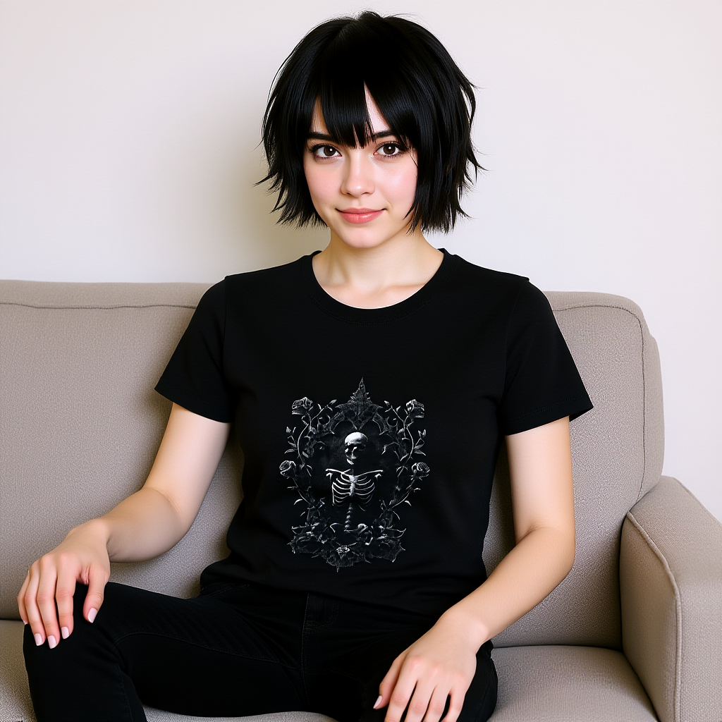 Gothic Skeleton T-Shirt with Ornate Floral Frame - Dark Art Aesthetic Tee