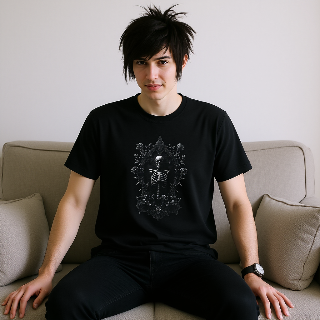 Gothic Skeleton T-Shirt with Ornate Floral Frame - Dark Art Aesthetic Tee