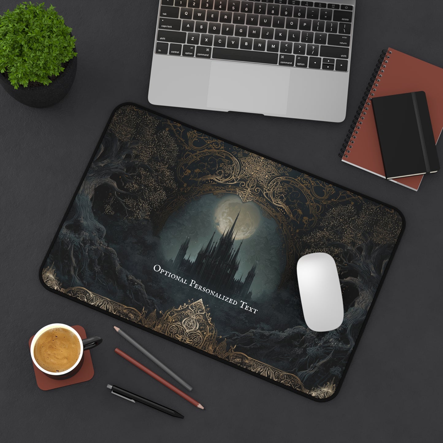 Gothic Castle Moonlight Desk Mat - Personalized Fantasy Desk Pad with Enchanted Forest Design