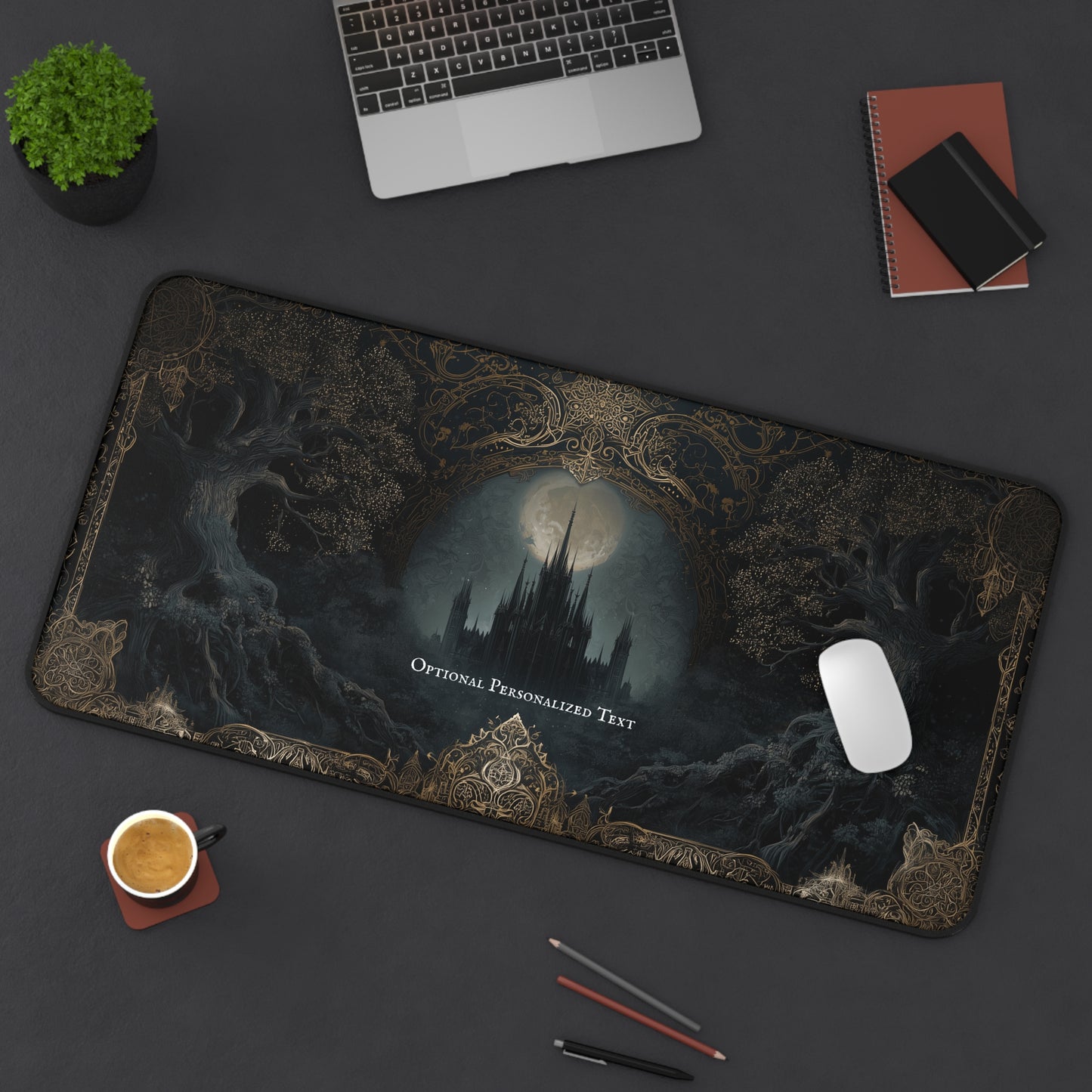 Gothic Castle Moonlight Desk Mat - Personalized Fantasy Desk Pad with Enchanted Forest Design