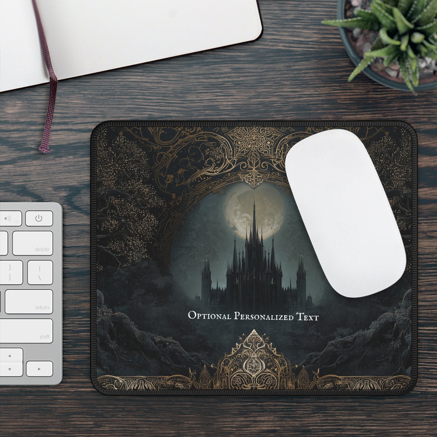 Gothic Castle Moonlight Desk Mat - Personalized Fantasy Desk Pad with Enchanted Forest Design