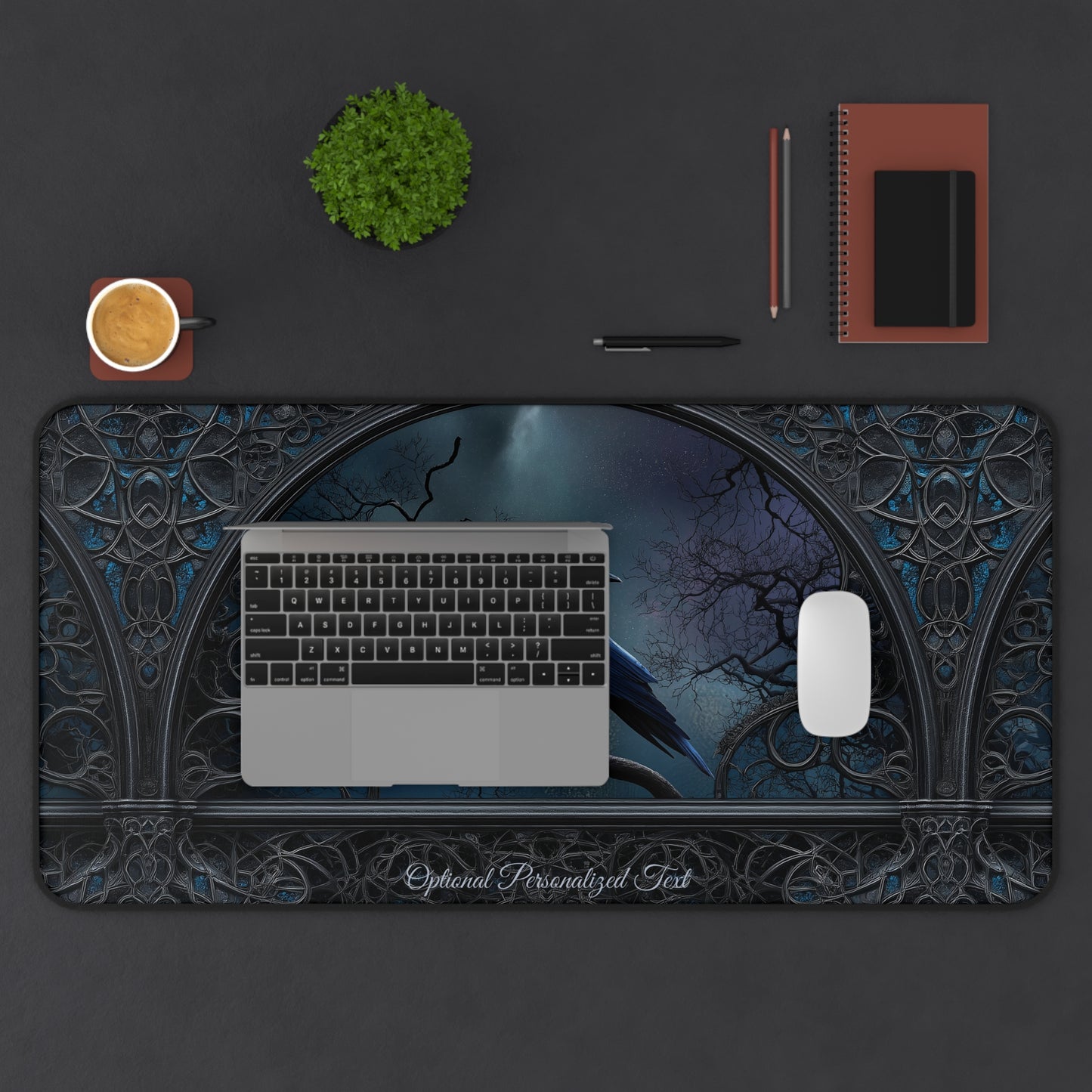 Gothic Raven Moonlight Desk Mat - Personalized Crow Desk Pad for Home Office or Gaming Setup