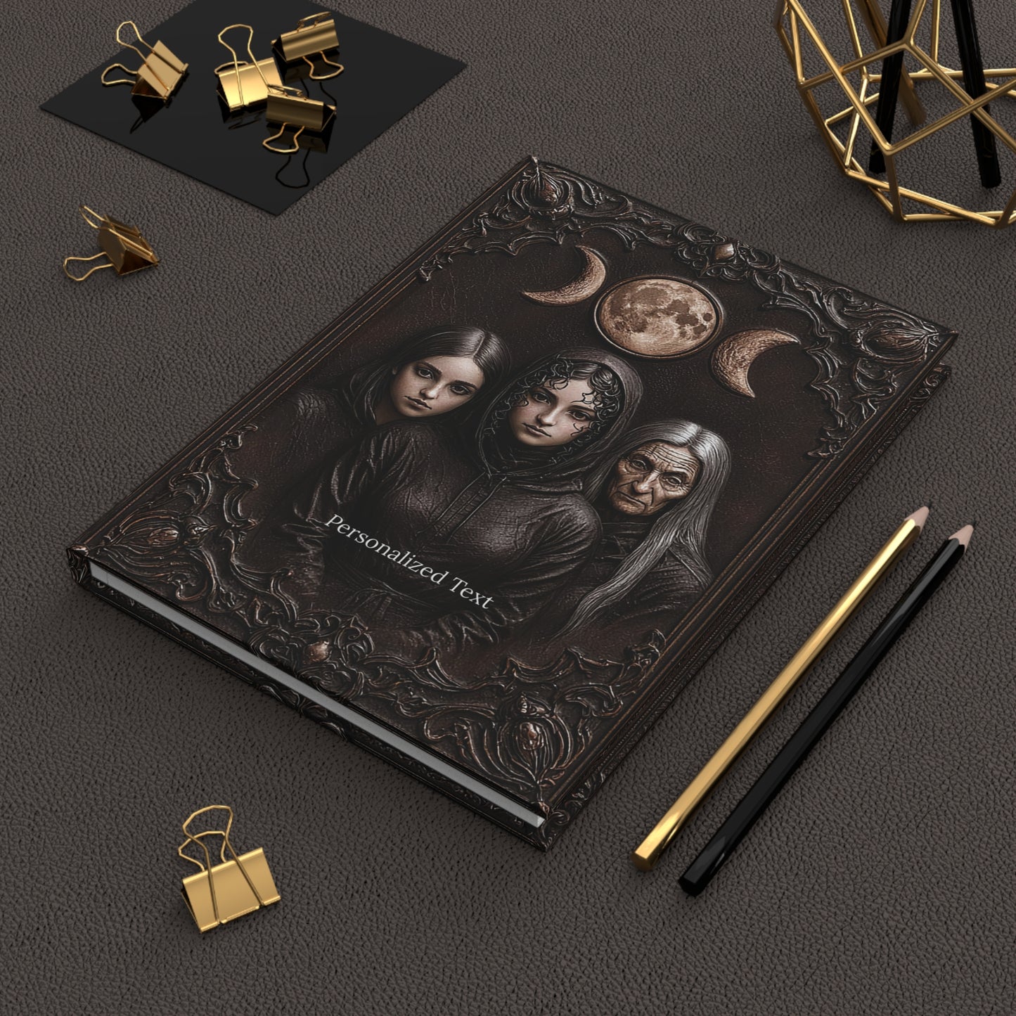 Triple Moon Goddess Gothic Journal - Wiccan Notebook with Optional Personalized Text