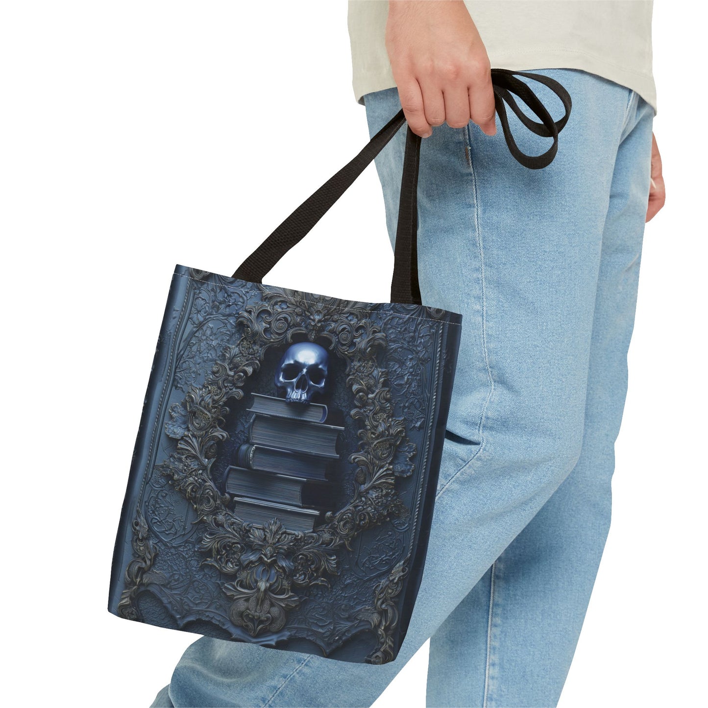 Personalized Gothic Skull and Books Tote Bag - Dark Academia Aesthetic