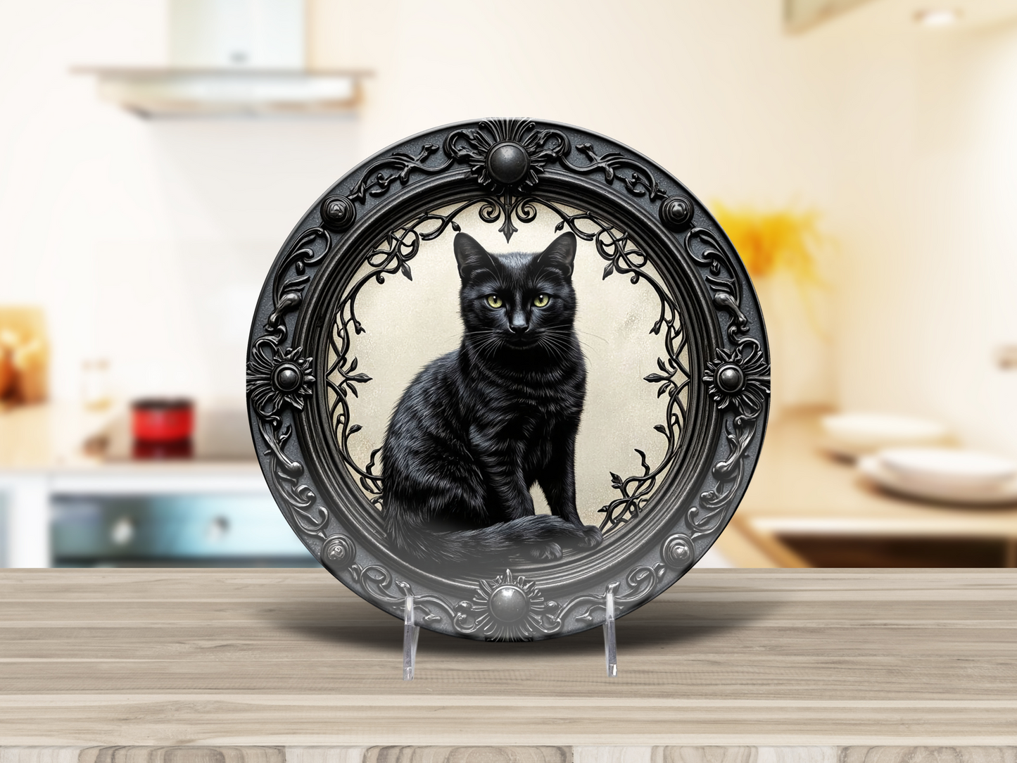 Black Cat Gothic Plate - Mystical Feline Decorative Dish for Witchy Homes