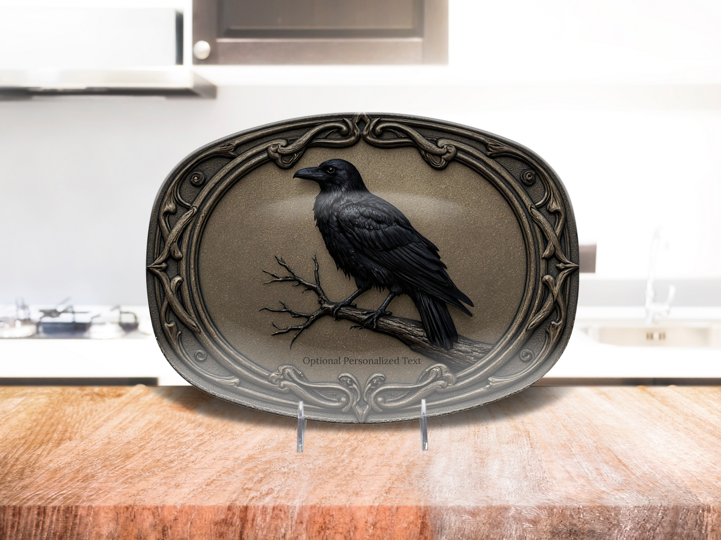 Gothic Raven Oval Platter - Vintage Crow Art Tray with Optional Personalization