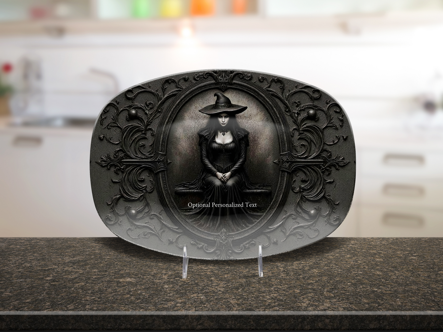 Gothic Witch Portrait Platter - Ornate Dark Art Tray with Optional Personalization