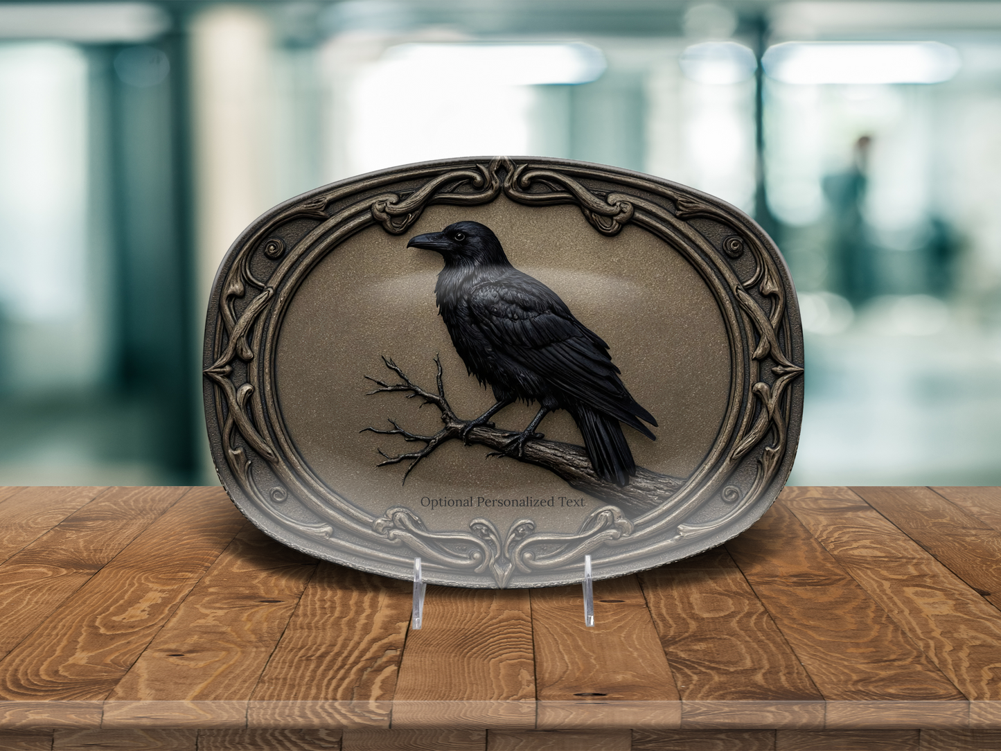 Gothic Raven Oval Platter - Vintage Crow Art Tray with Optional Personalization