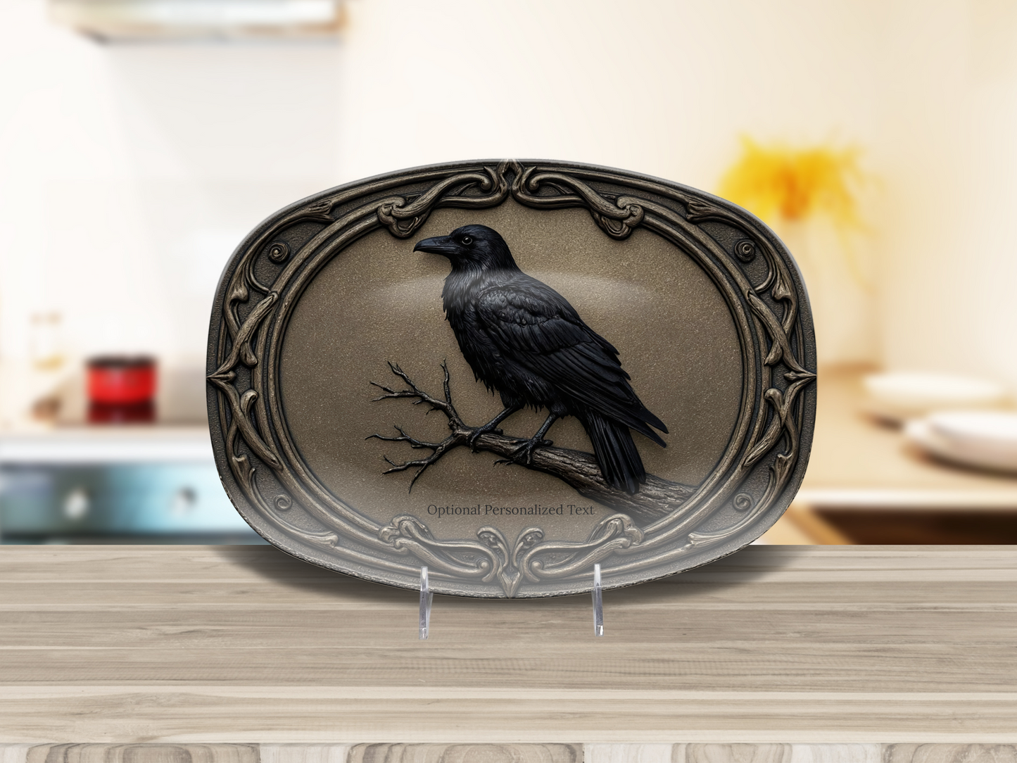 Gothic Raven Oval Platter - Vintage Crow Art Tray with Optional Personalization