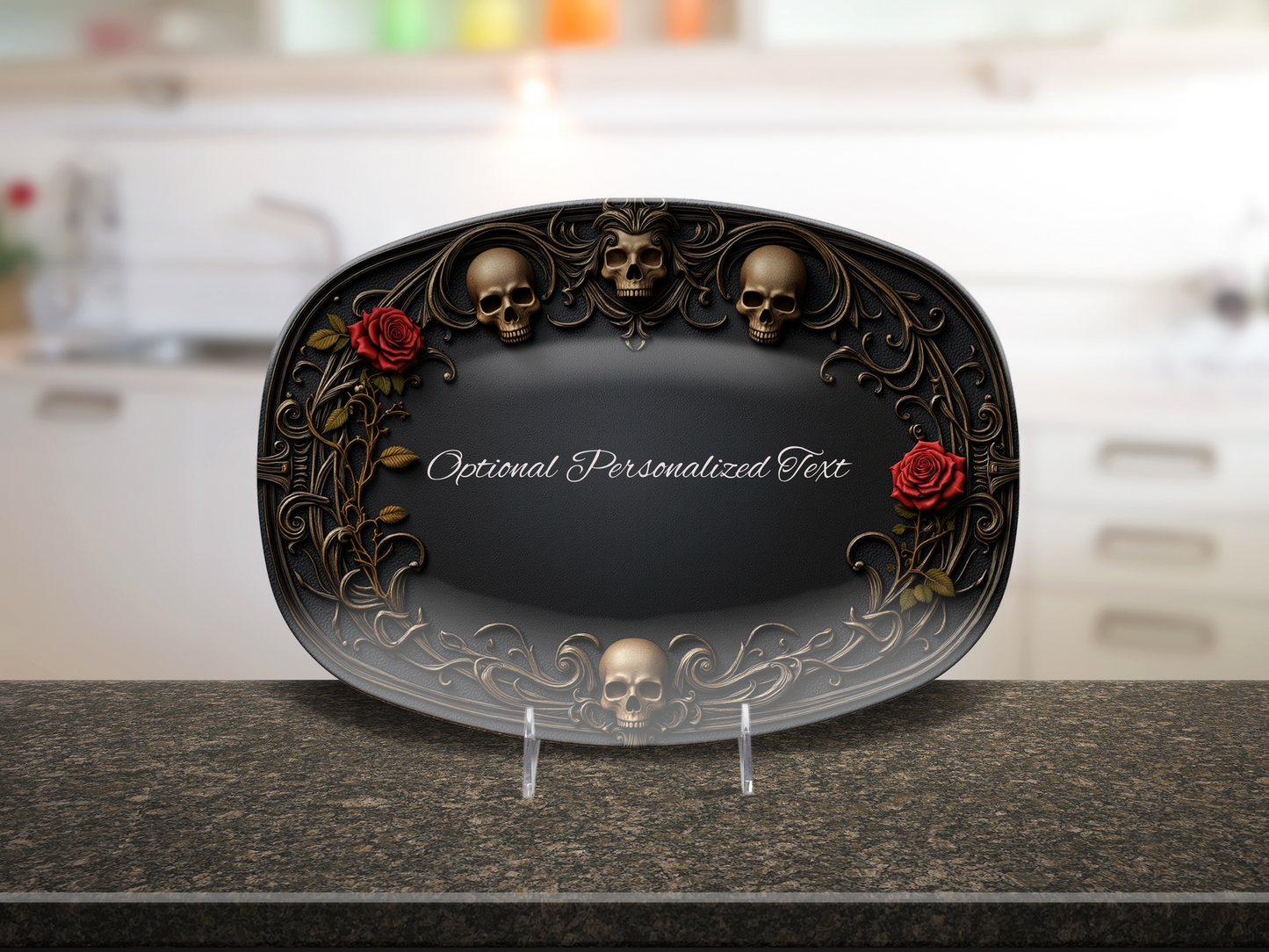 Gothic Skull and Rose Oval Platter - Personalized Dark Elegant Serving Tray