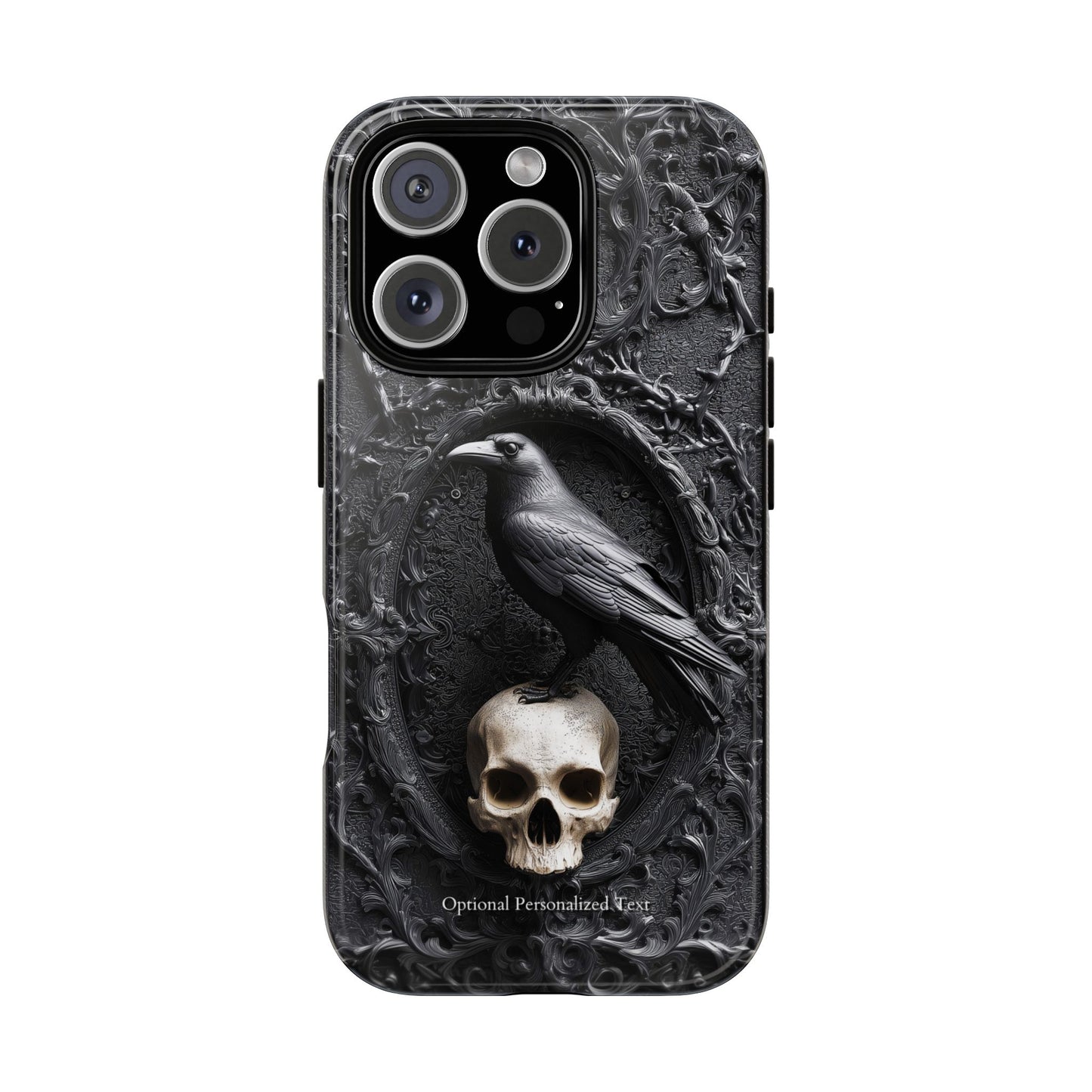 Gothic Raven and Skull Phone Case - Dark Baroque Style with Optional Personalized Text (MATTE VERSION)
