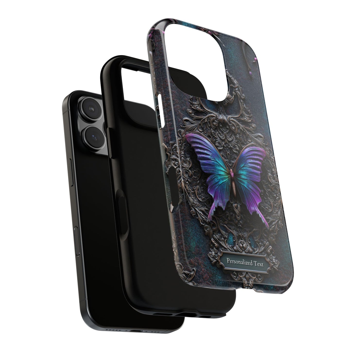 Gothic Butterfly Phone Case - Purple and Teal Wings on Ornate Frame - Personalized Text Available (GLOSSY VERSION)