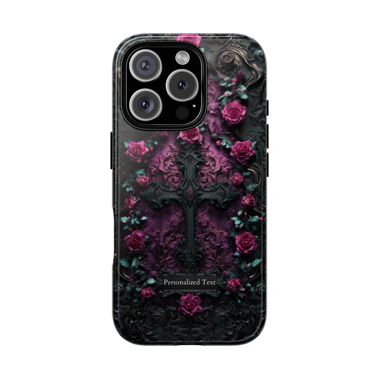 Gothic Rose Cross Phone Case - Dark Floral Baroque Design with Personalization Option (GLOSSY FINISH)