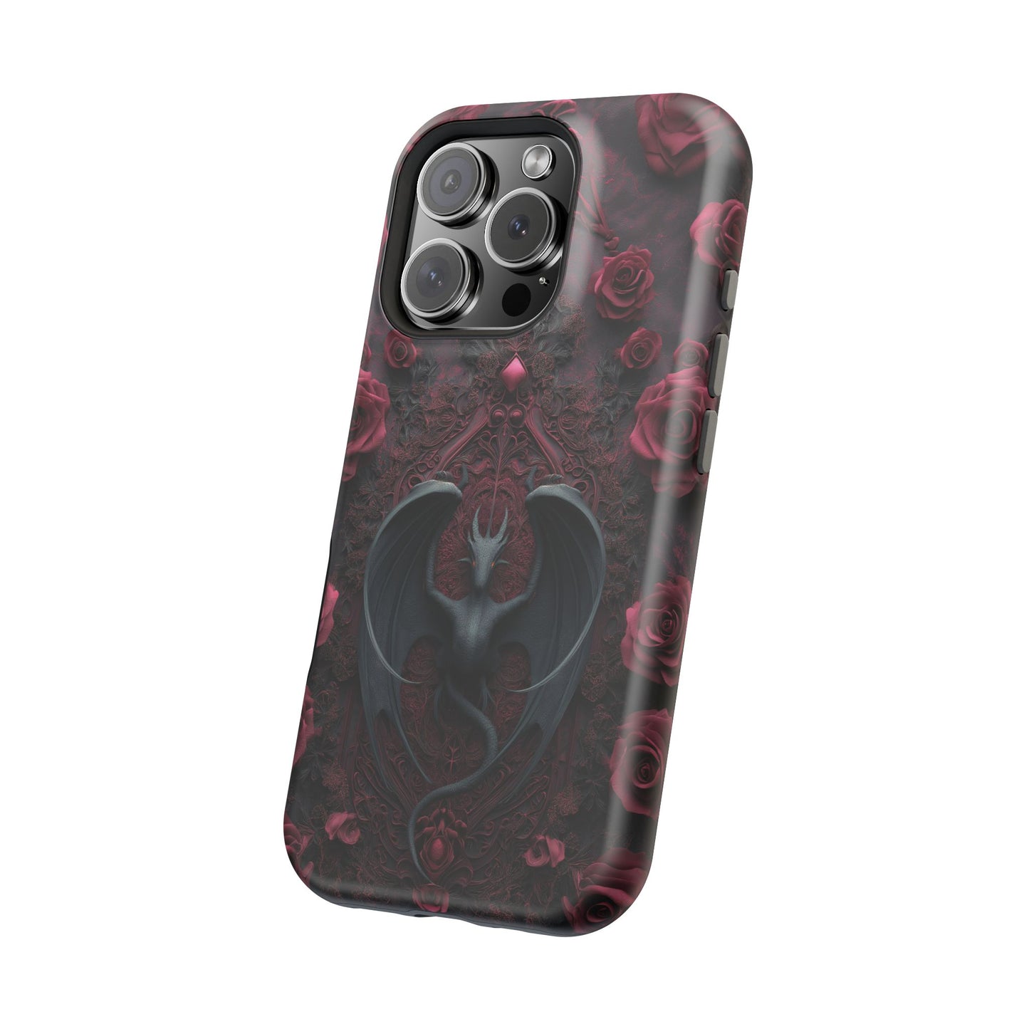 Gothic Dragon Rose Phone Case – Dark Fantasy Dragon with Crimson Roses and Optional Personalized Text