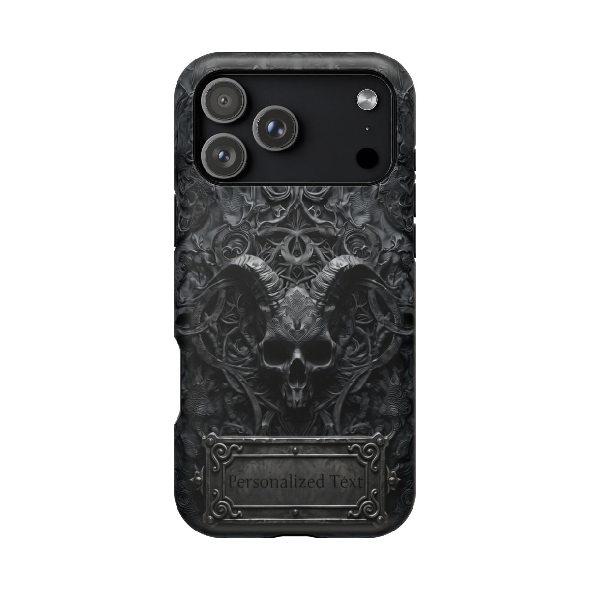Gothic Demon Skull Phone Case – Dark Occult Horned Skull Art with Optional Personalized Text