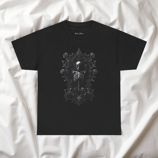 Gothic Skeleton T-Shirt with Ornate Floral Frame - Dark Art Aesthetic Tee