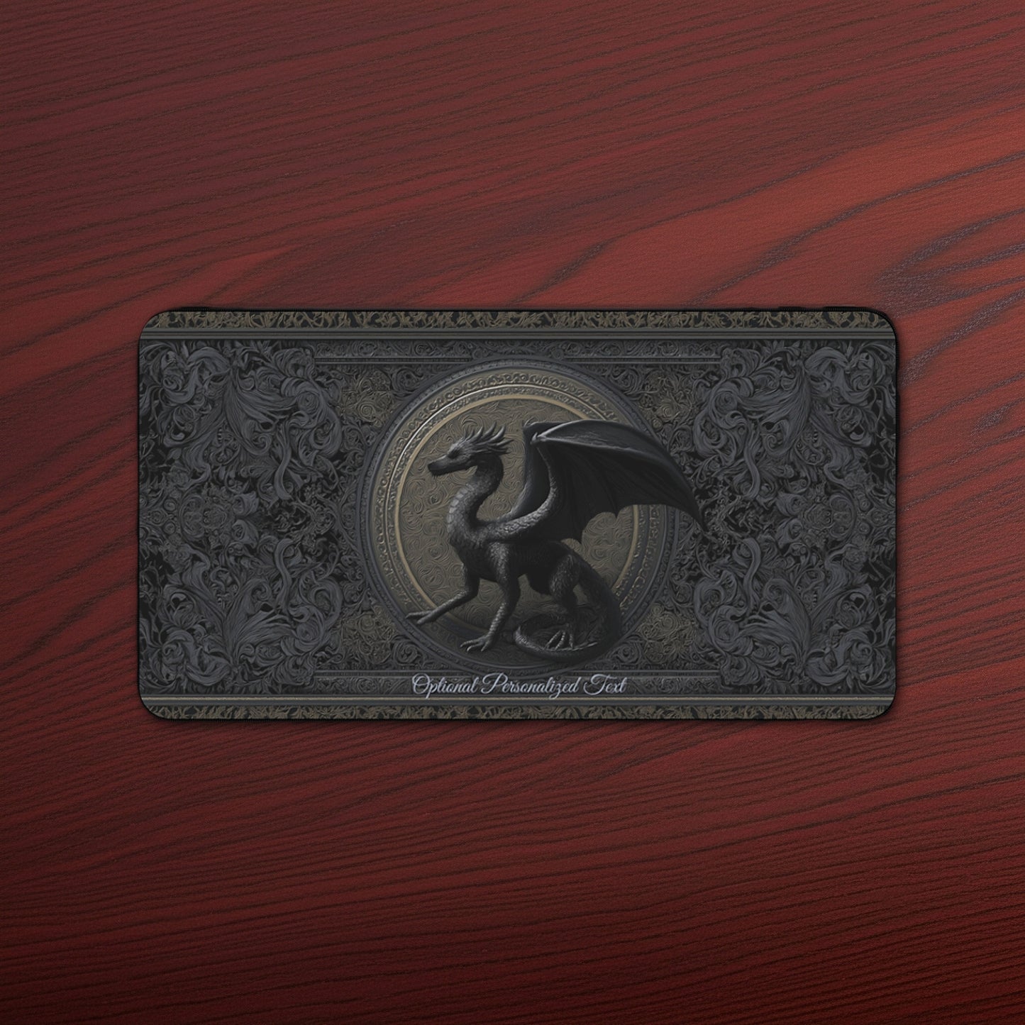 Black Gothic Dragon Desk Mat – Personalized Medieval Fantasy Desk Pad for Office or Gaming