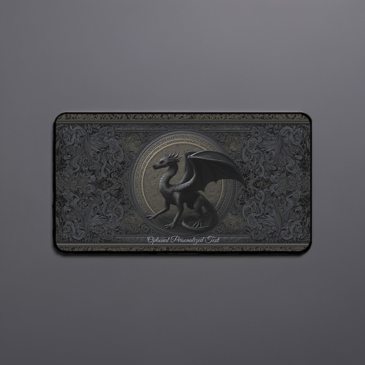 Black Gothic Dragon Desk Mat – Personalized Medieval Fantasy Desk Pad for Office or Gaming