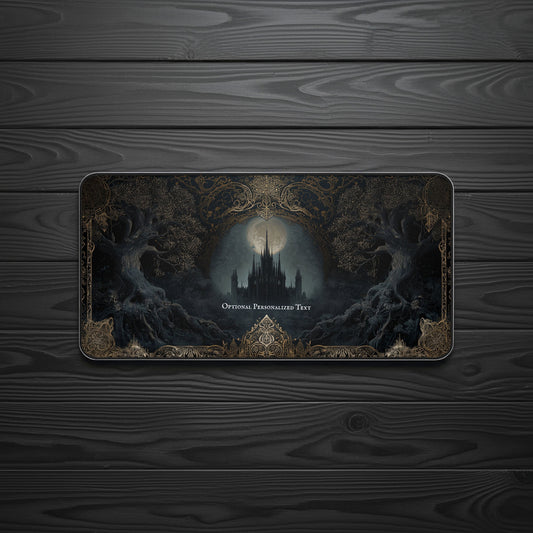Gothic Castle Moonlight Desk Mat - Personalized Fantasy Desk Pad with Enchanted Forest Design