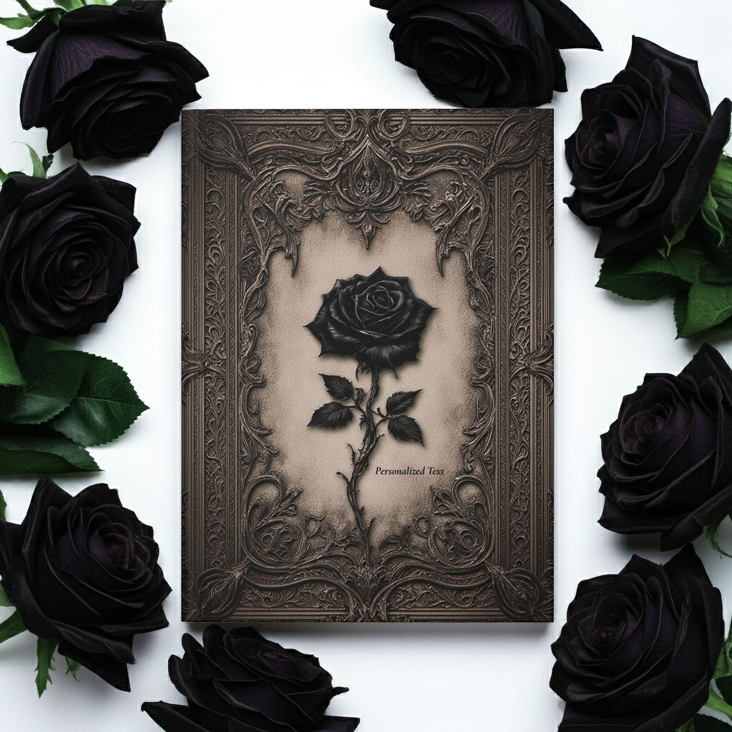 Gothic Black Rose Journal – Ornate Antique Notebook with Optional Personalized Text