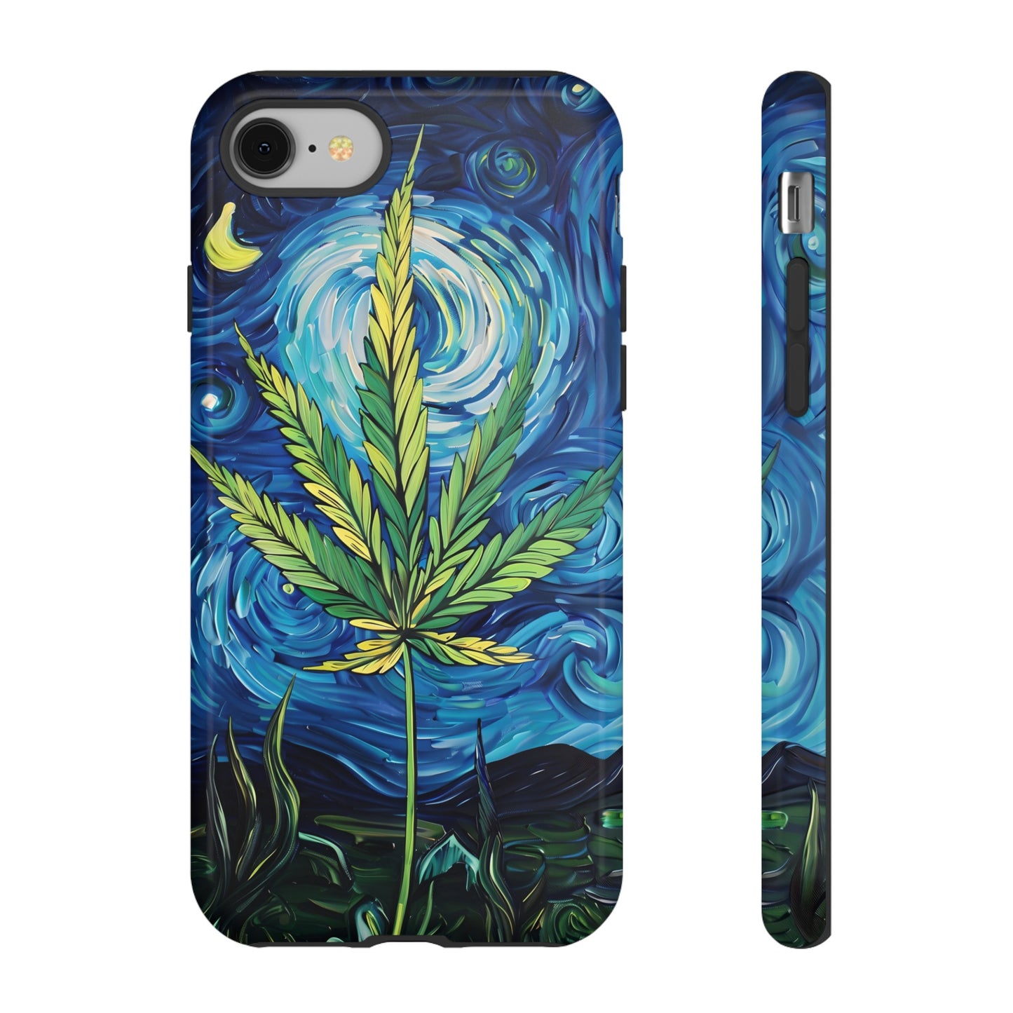 Pot Leaf Starry Night Phone Case – Artistic Marijuana Design for iPhone, Samsung Galaxy, and Google Pixel Devices