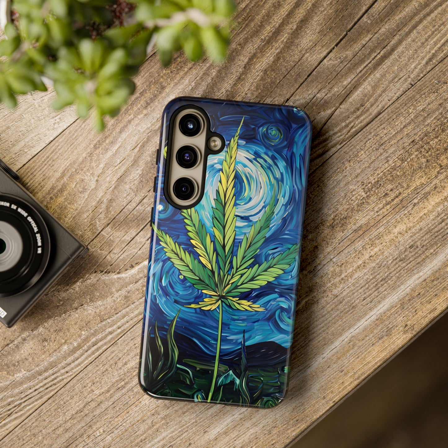 Pot Leaf Starry Night Phone Case – Artistic Marijuana Design for iPhone, Samsung Galaxy, and Google Pixel Devices