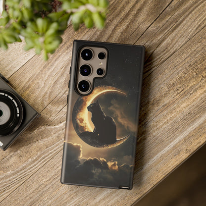 Black Cat on Crescent Moon Phone Case - Mystical Night Sky Design for iPhone, Samsung Galaxy, and Google Pixel Devices