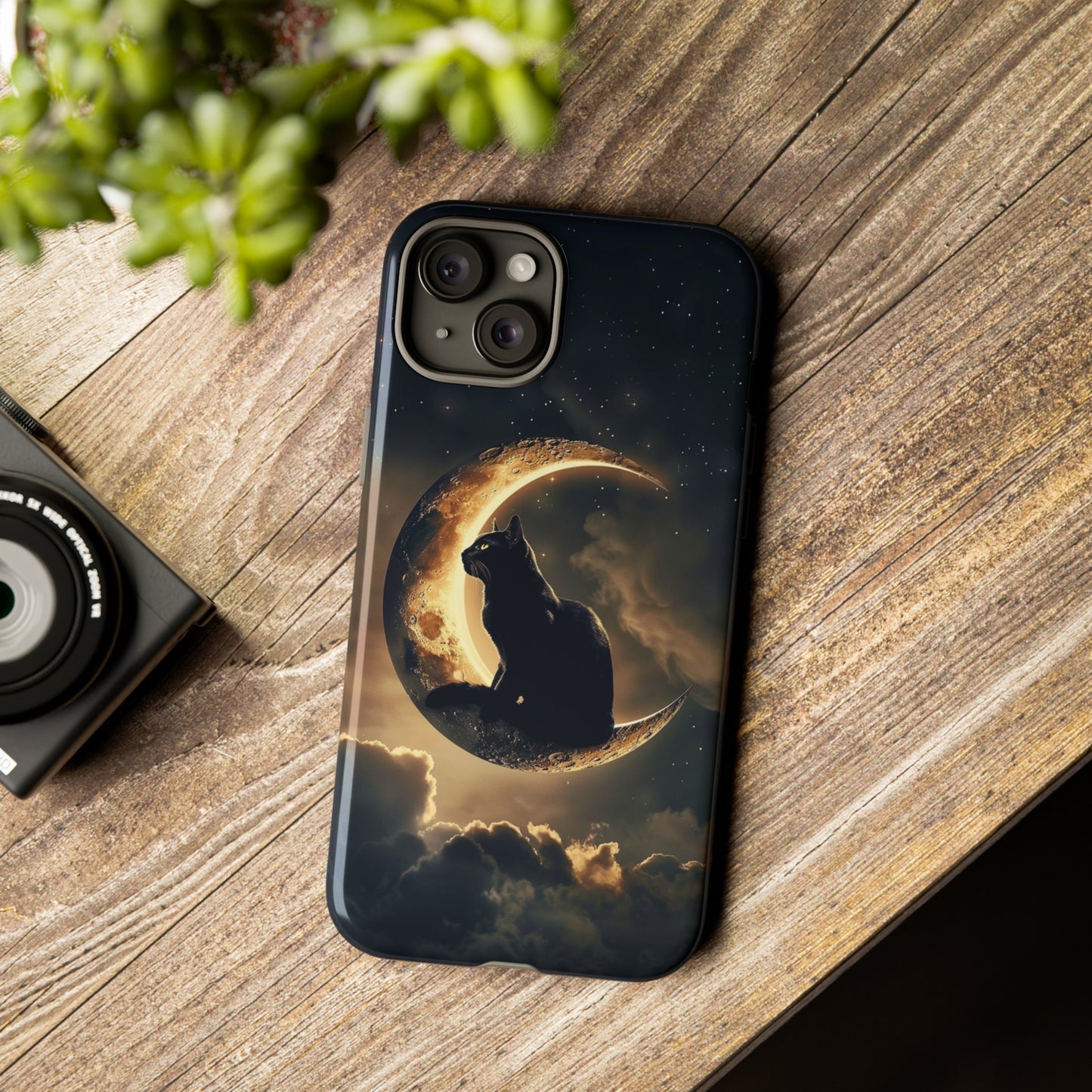 Black Cat on Crescent Moon Phone Case - Mystical Night Sky Design for iPhone, Samsung Galaxy, and Google Pixel Devices