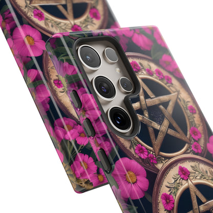 Pentacles in Pink Flowers Tough Phone Case – Mystical Floral Design for iPhone, Samsung Galaxy, and Google Pixel Devices